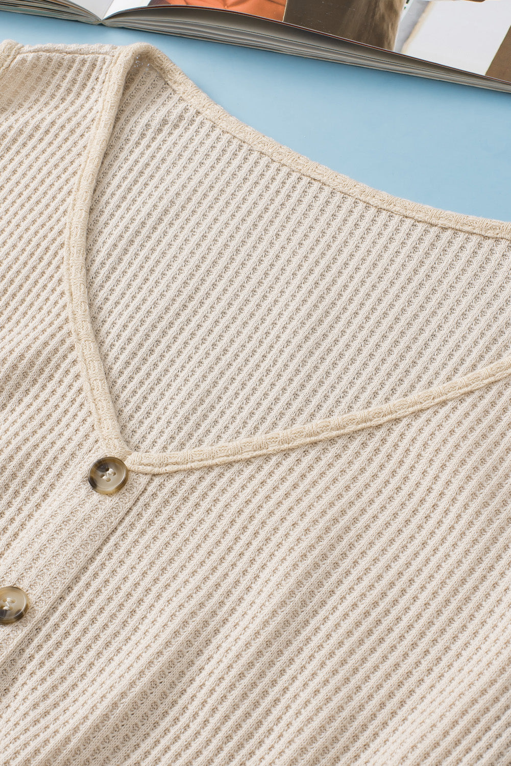 Oatmeal Button V Neck Textured Babydoll Plus Size Vest