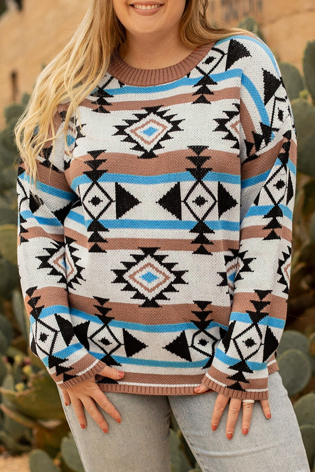 Maglione taglie forti con spalle scoperte in maglia azteca multicolore