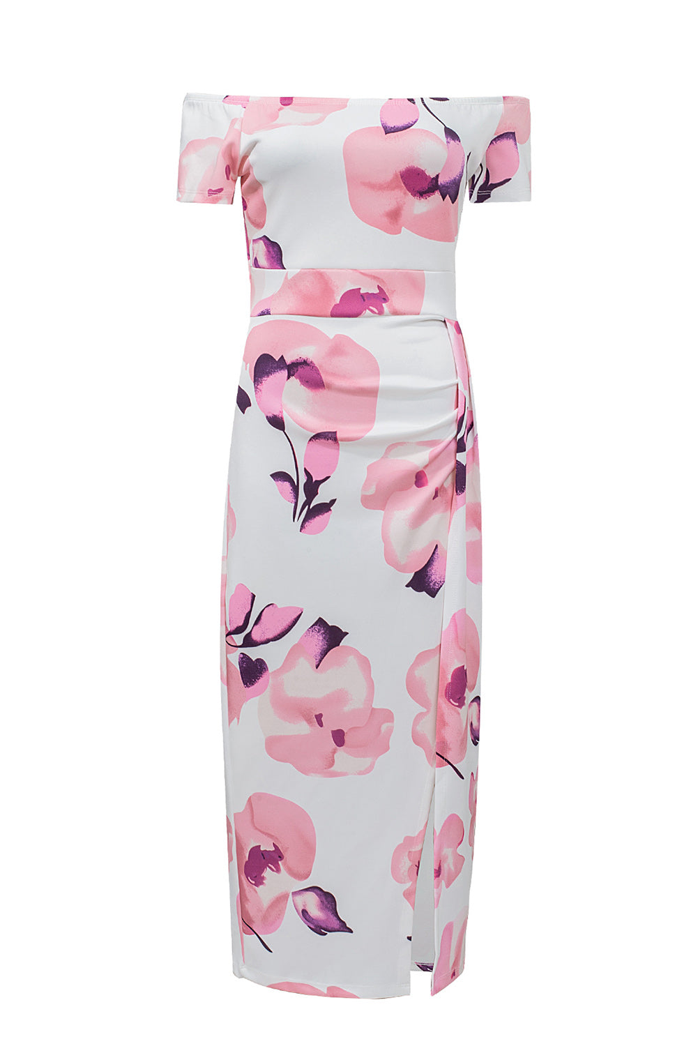 Ružičasta midi haljina s prorezima na otvorenim ramenima i cvjetnim printom