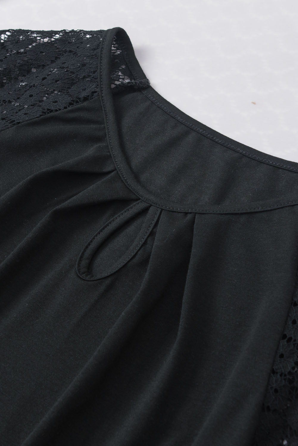 Black Contrast Lace Sleeve Keyhole Decor Top