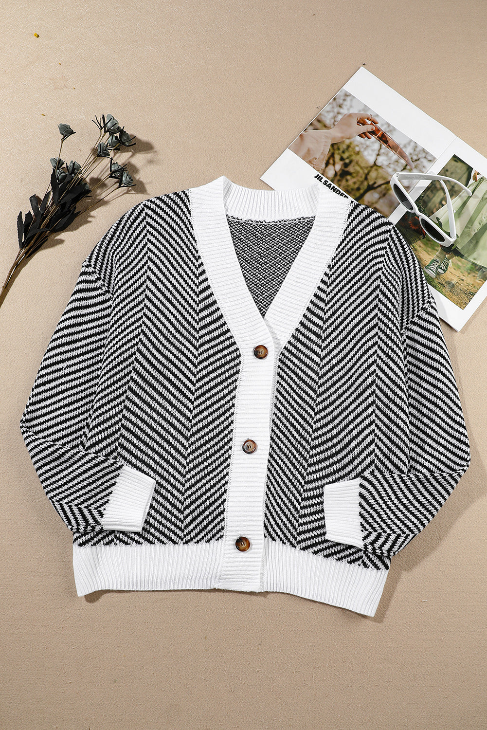 Black Zig Zag Stripe Buttoned Sweater Cardigan
