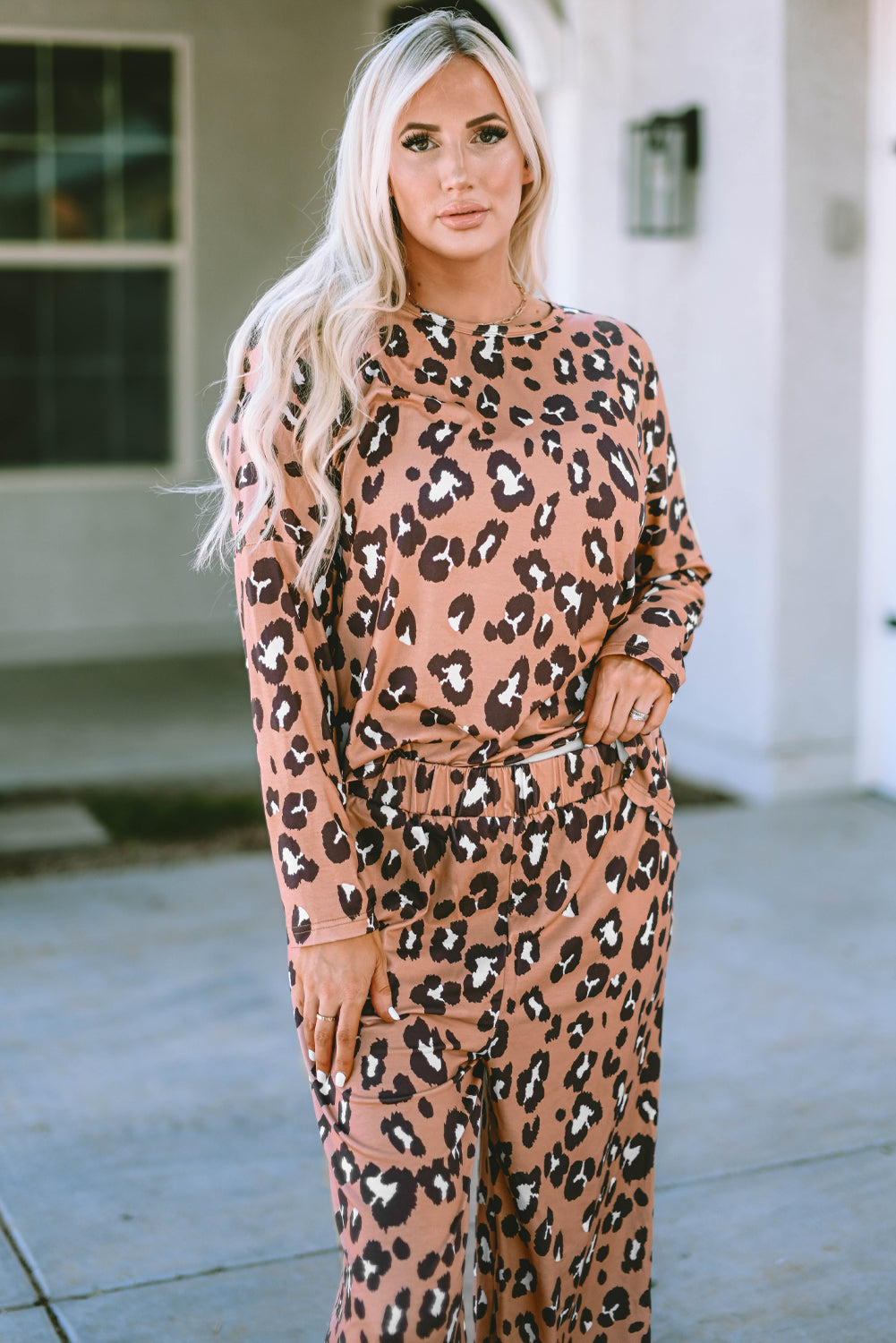 Brown Leopard Print Long Sleeve Pullover and Pants Outfit