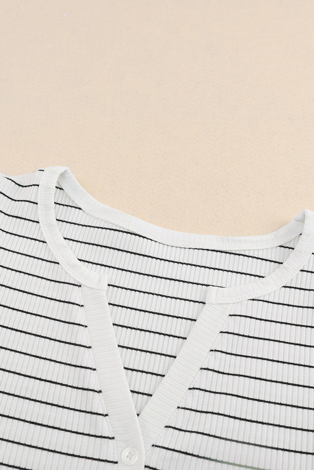 White Striped Print Notch V Neck Short Sleeve Top