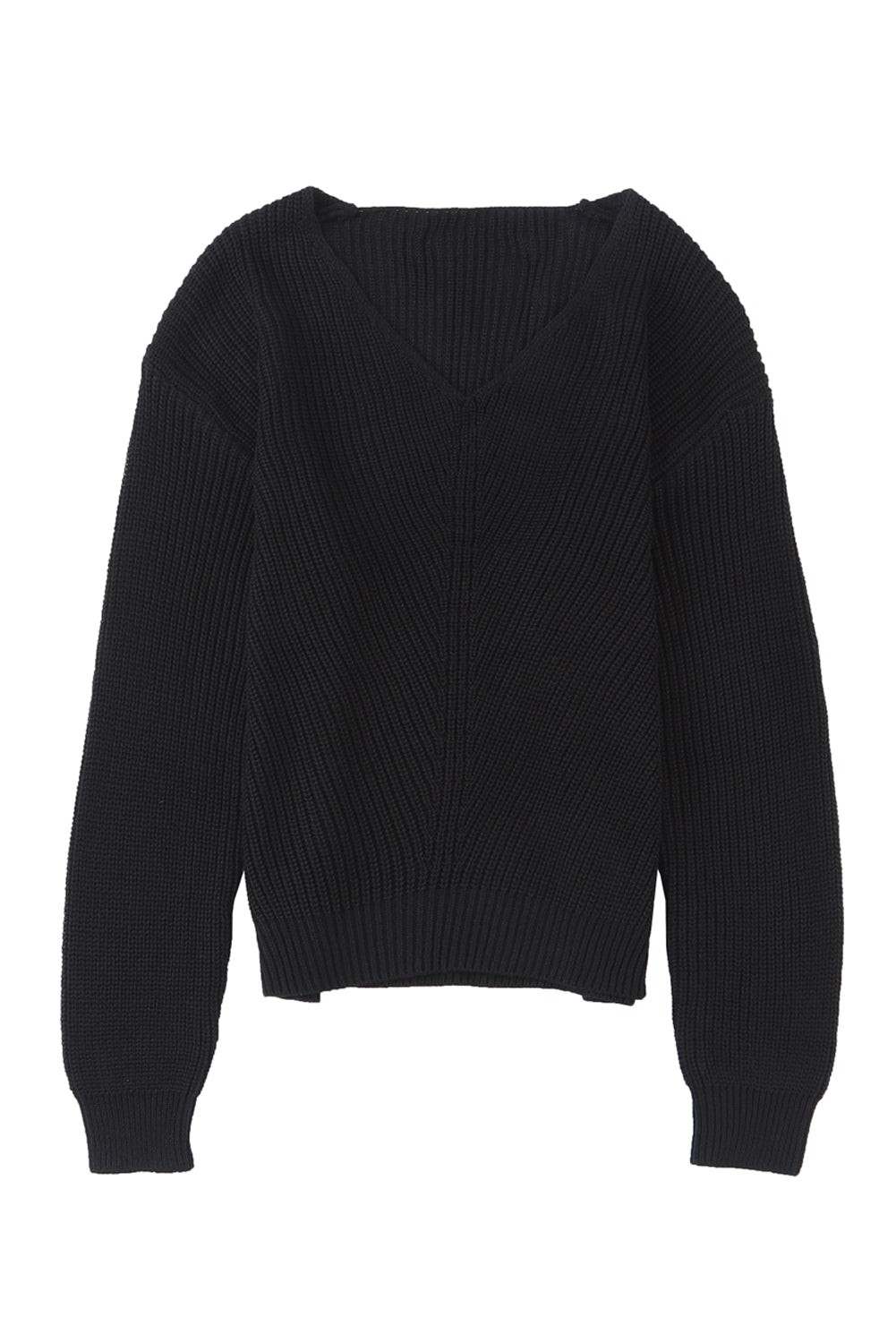 Črn rebrast pleten pulover z V izrezom