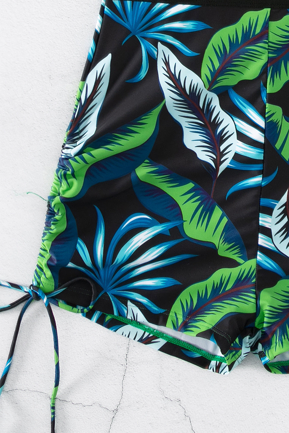 Monokini dos nu avec cordon de serrage imprimé feuilles tropicales vert vif