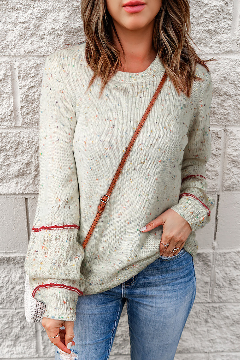White Pilling Detail Patterned Sleeve Sweater