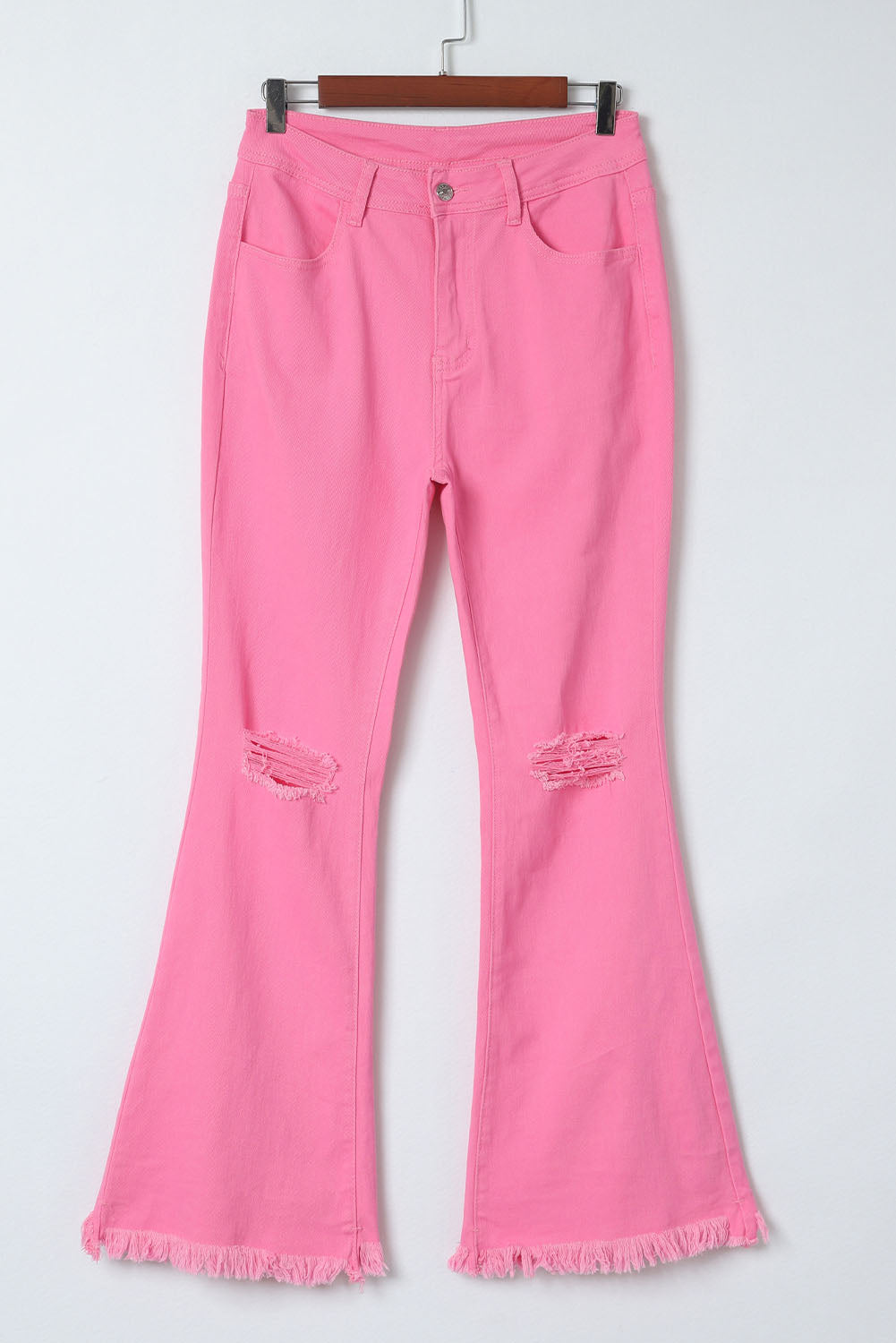 Vintage ružičaste traperice visokog struka s širokim nogavicama s poderanim neobrađenim porubom