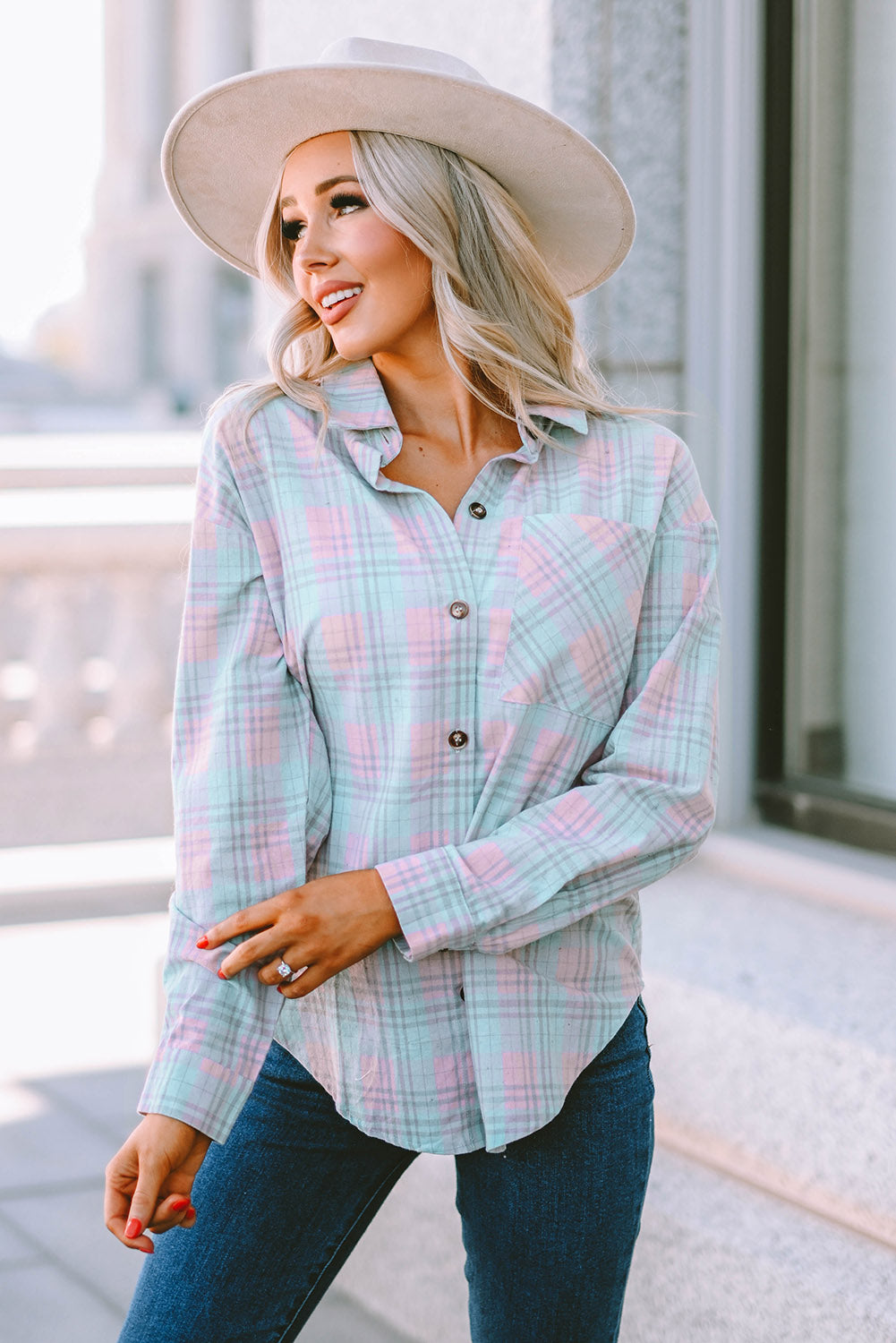 Pink Collared Neckline Plaid Pattern Long Sleeve Shirt