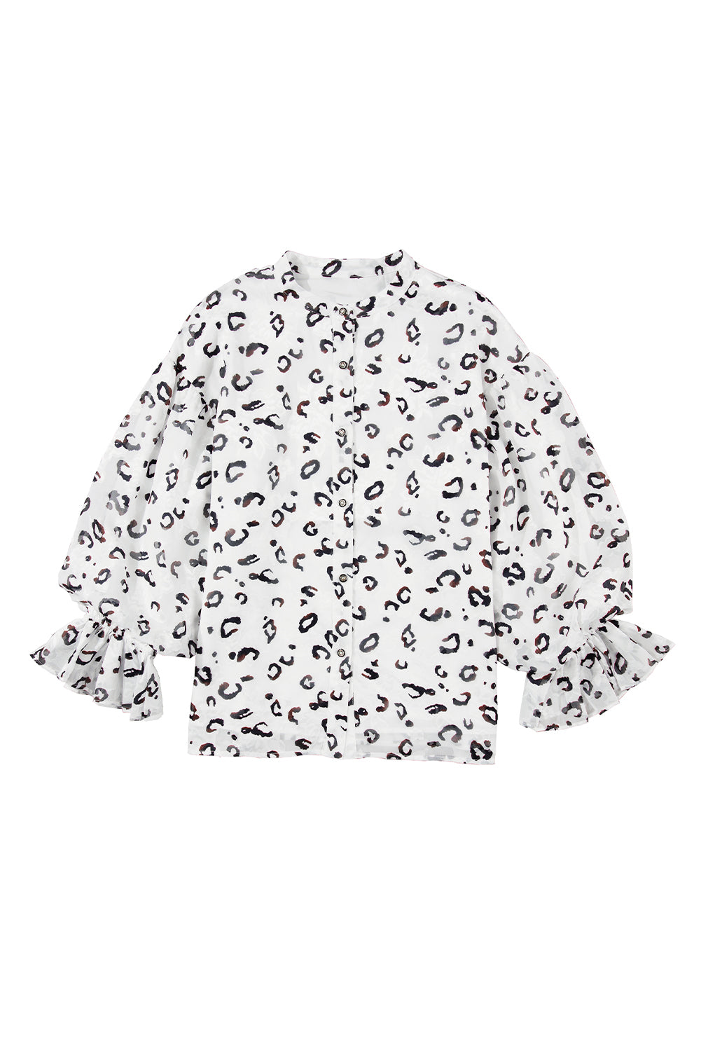 Camicia con maniche arricciate con bottoni e stampa leopardata bianca
