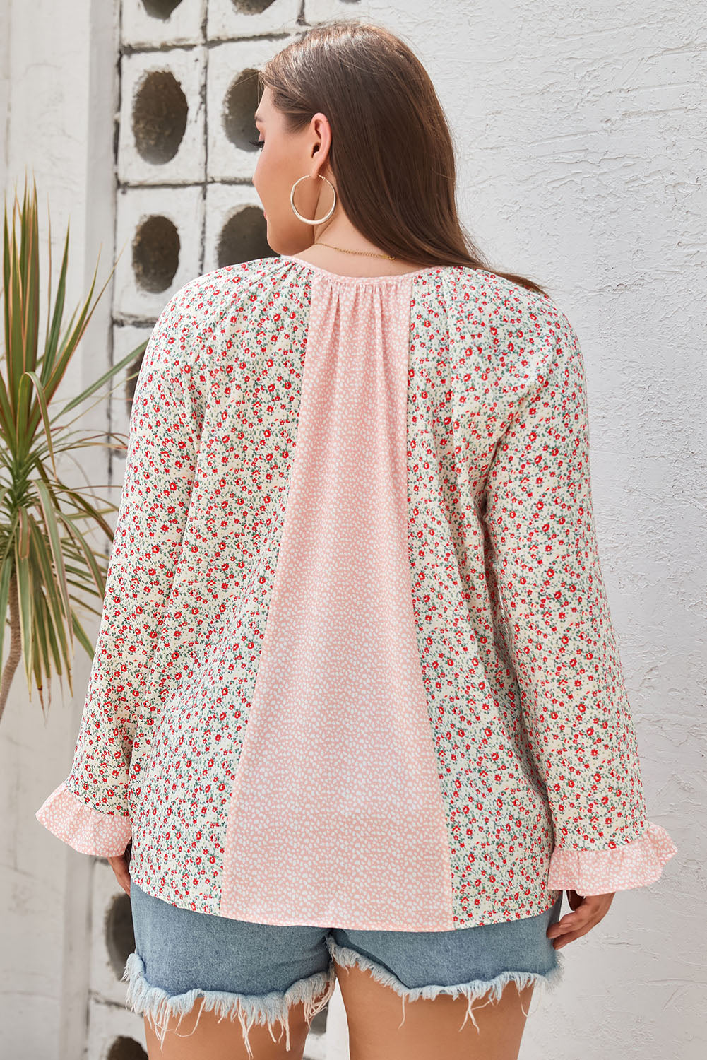 Pink Dotty Floral Patchwork bluza velike velikosti z dolgimi rokavi
