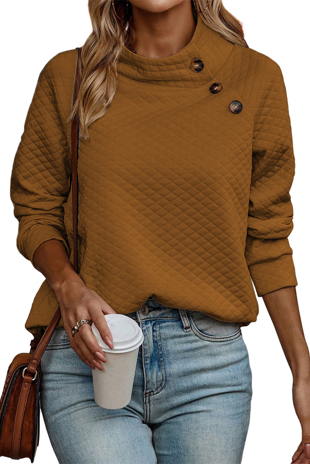 Prošiveni pulover s dugmadima u boji kestena