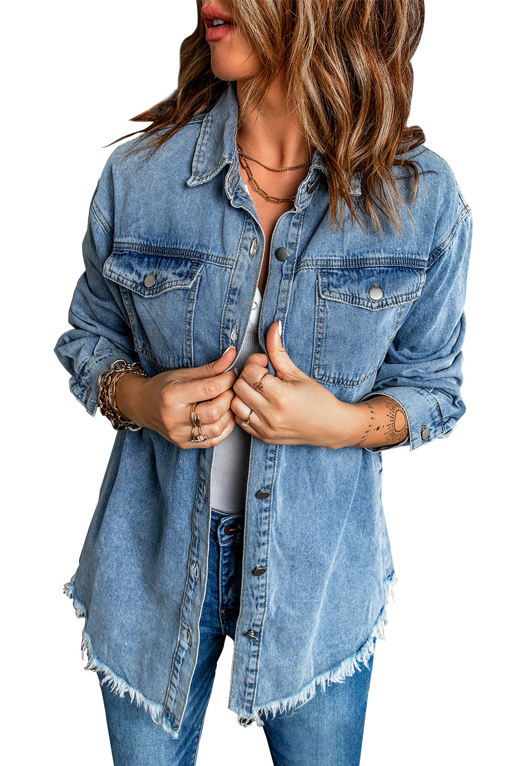 Sky Blue Pocket Raw Hem Buttoned Denim Jacket