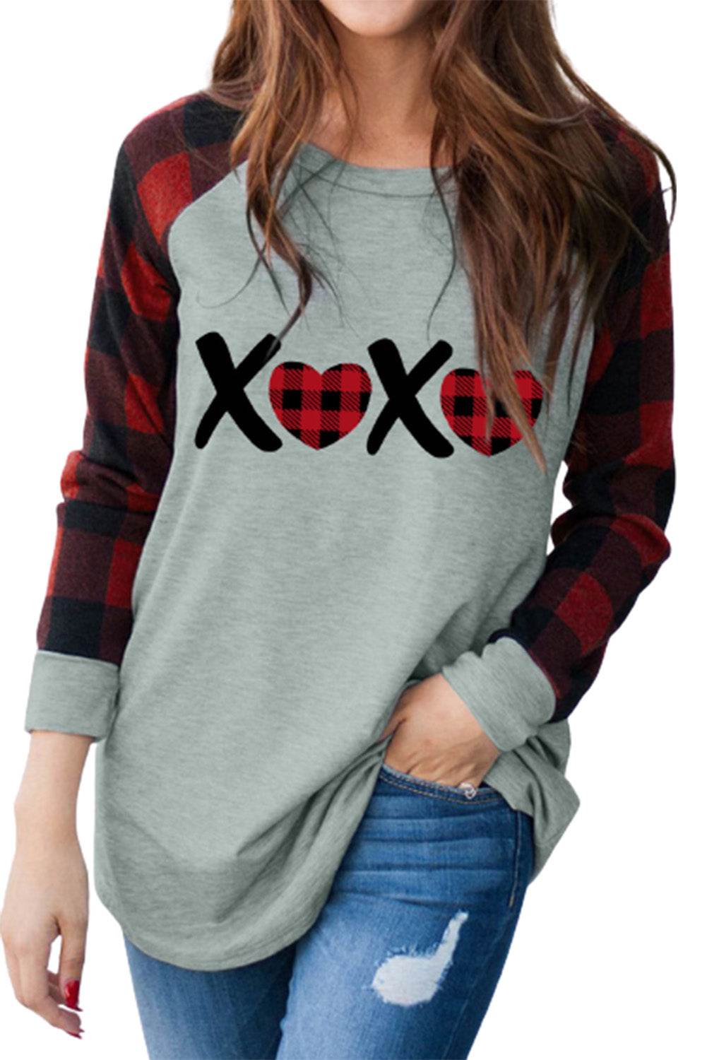XOXO Colorblock-Sweatshirt mit karierten Ärmeln