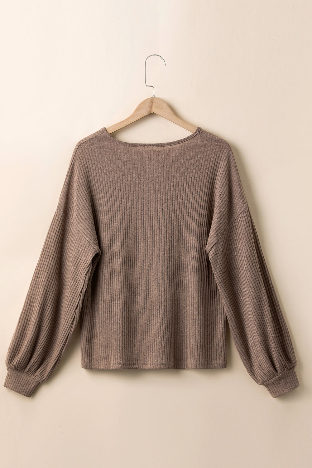 Khaki Drop Shoulder Bubble Sleeve Ribbed Knit Top