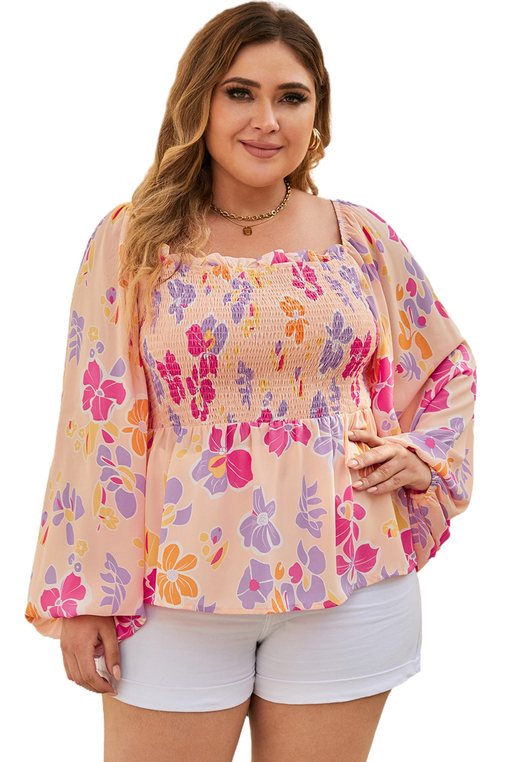 Rožnata majica s cvetličnimi napihnjenimi rokavi in ​​peplum v veliki velikosti