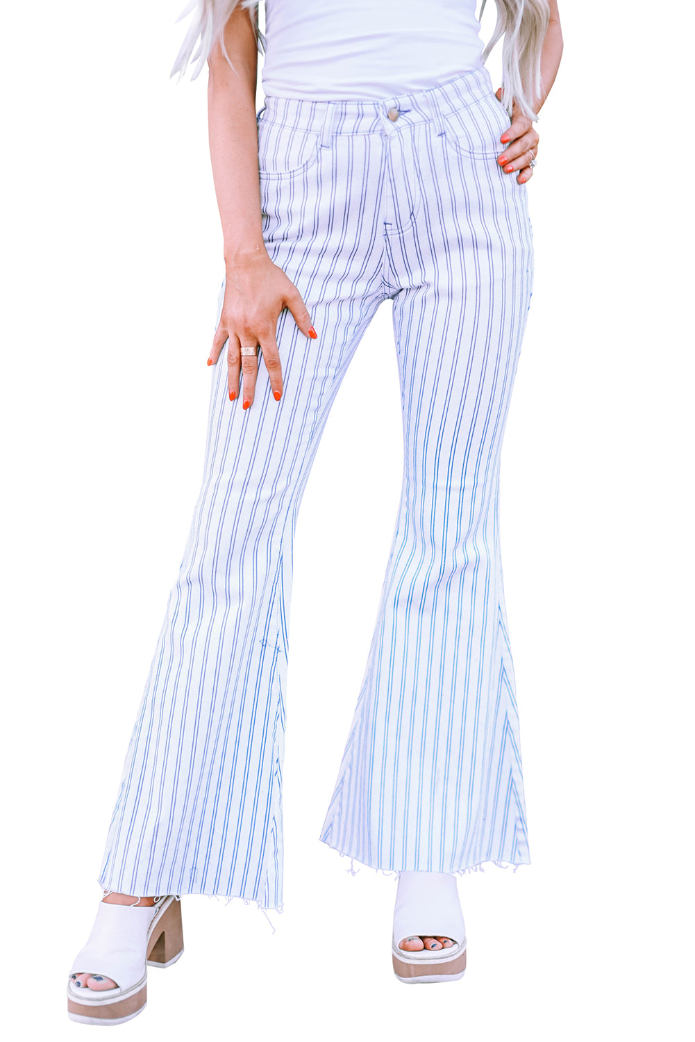 Pantalon évasé blanc taille haute à rayures et imprimé