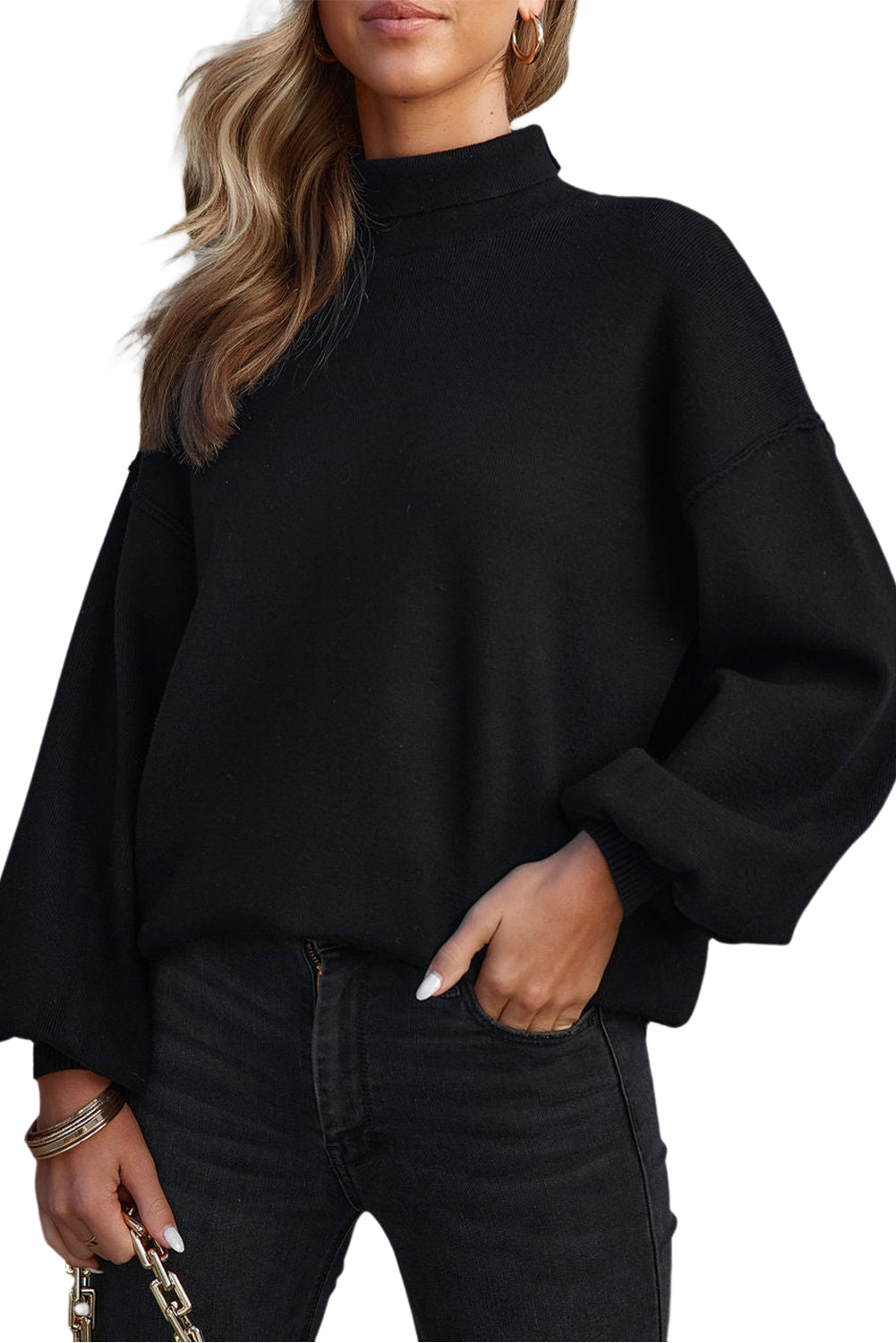 Crna dolčevita spuštena ramena, pleteni pulover s balon rukavima