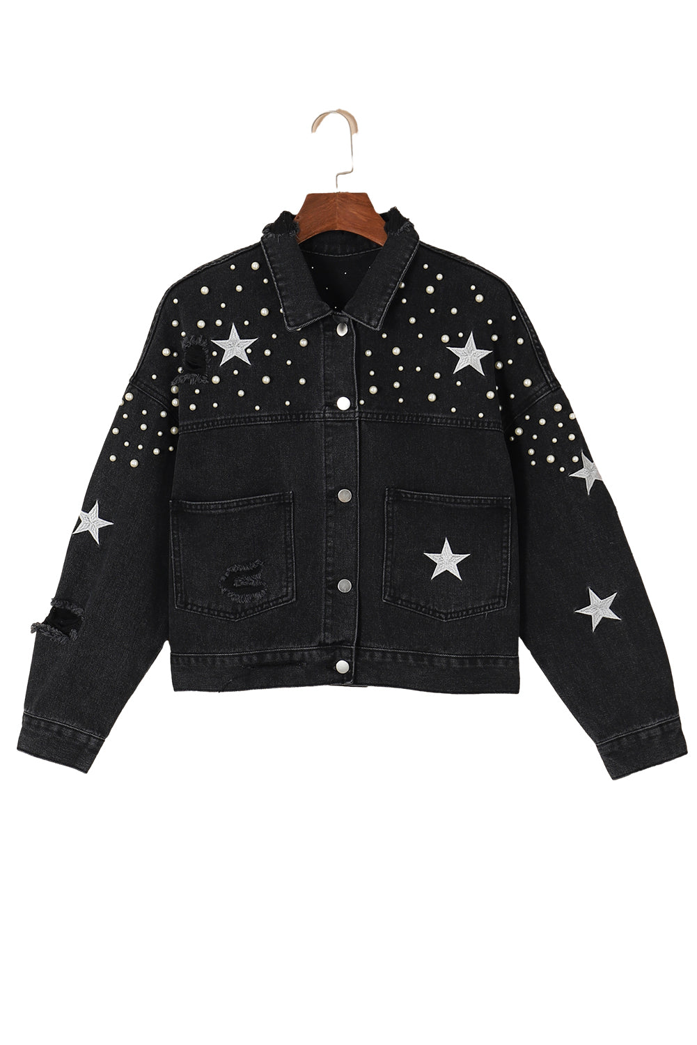 Črna skrajšana denim jakna z zvezdastimi biseri