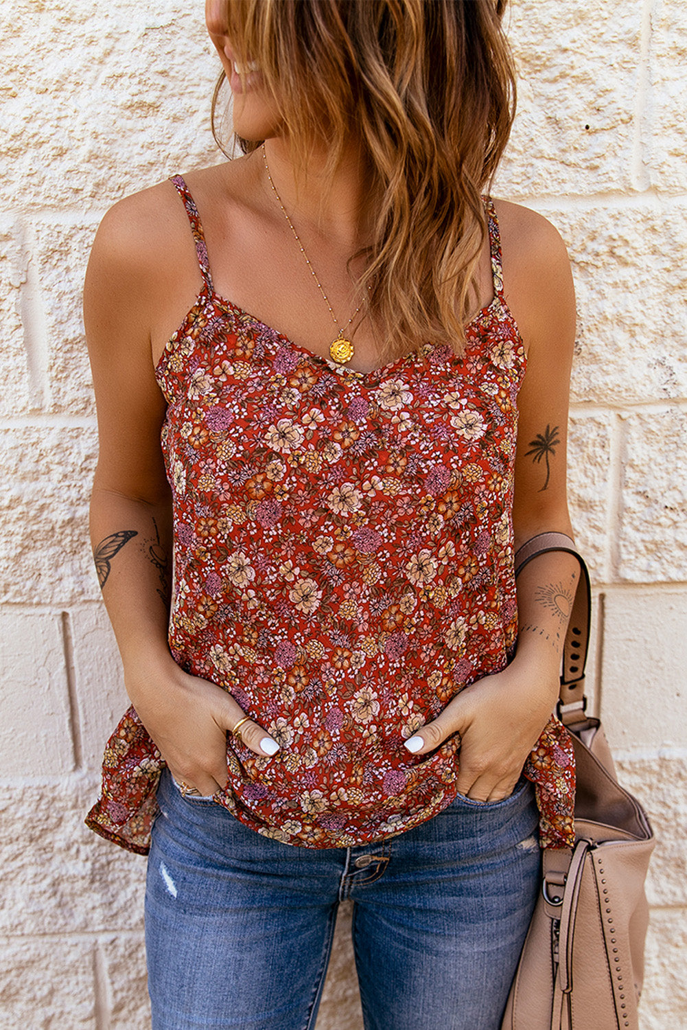 Fiery Red Floral Print Loose Spaghetti Strap Cami Top
