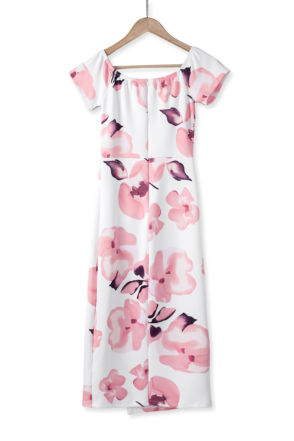 Ružičasta midi haljina s prorezima na otvorenim ramenima i cvjetnim printom