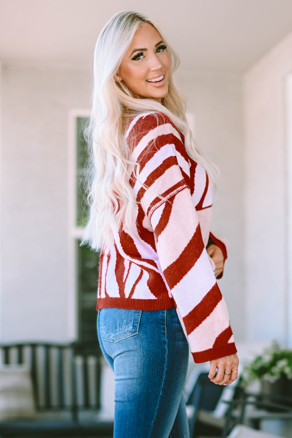 Fiery Red Mix Pattern Knit Ribbed Trim Oversize Sweater