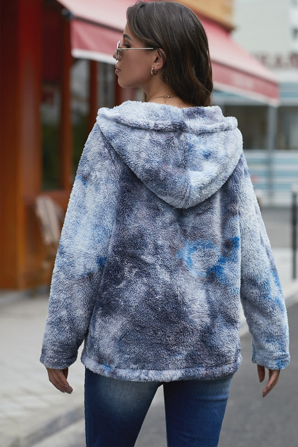 Blue V-neck Tie-dye Plush Pullover Hoodie