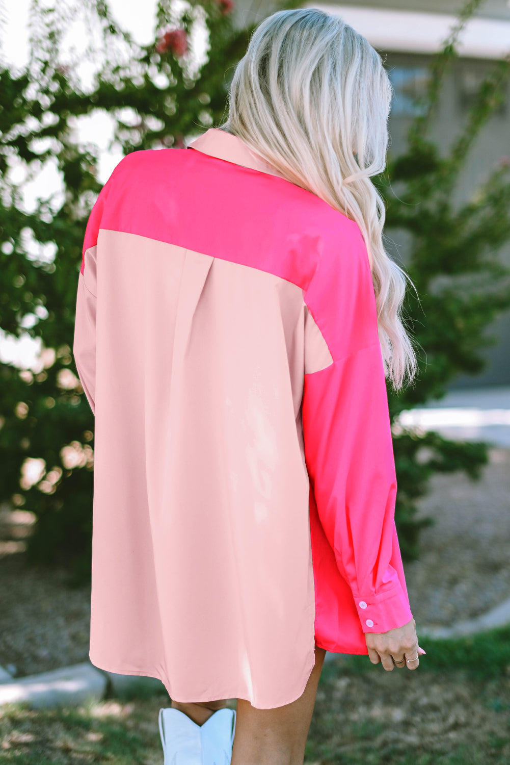 Camicia oversize patchwork a blocchi di colore rosa