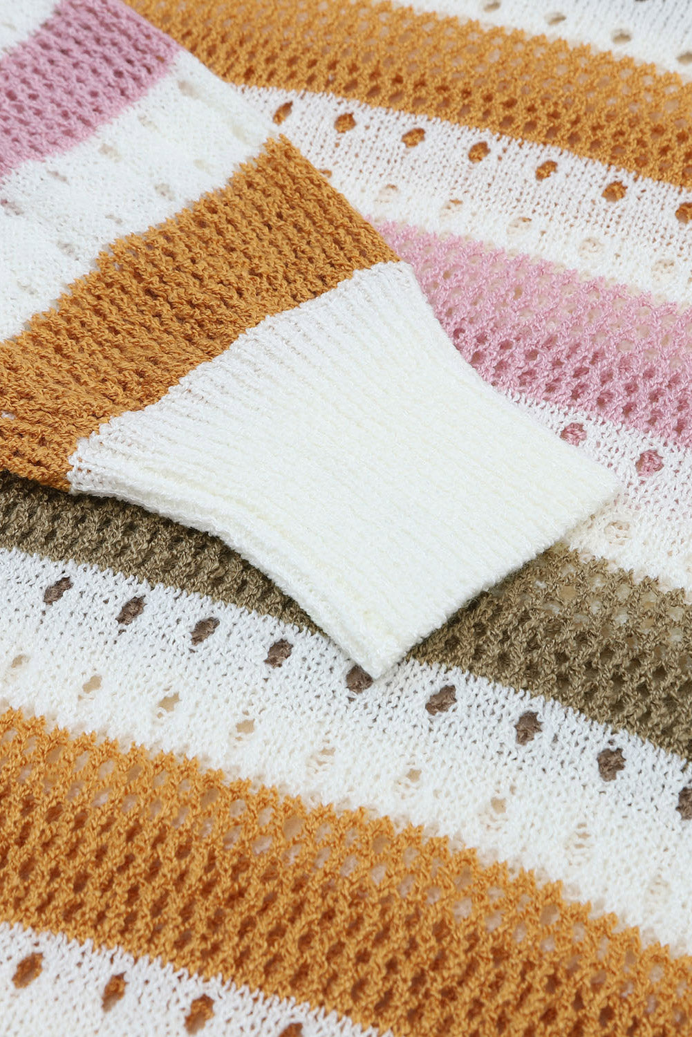 Tan Striped Hollowed Knitted Loose Sweater
