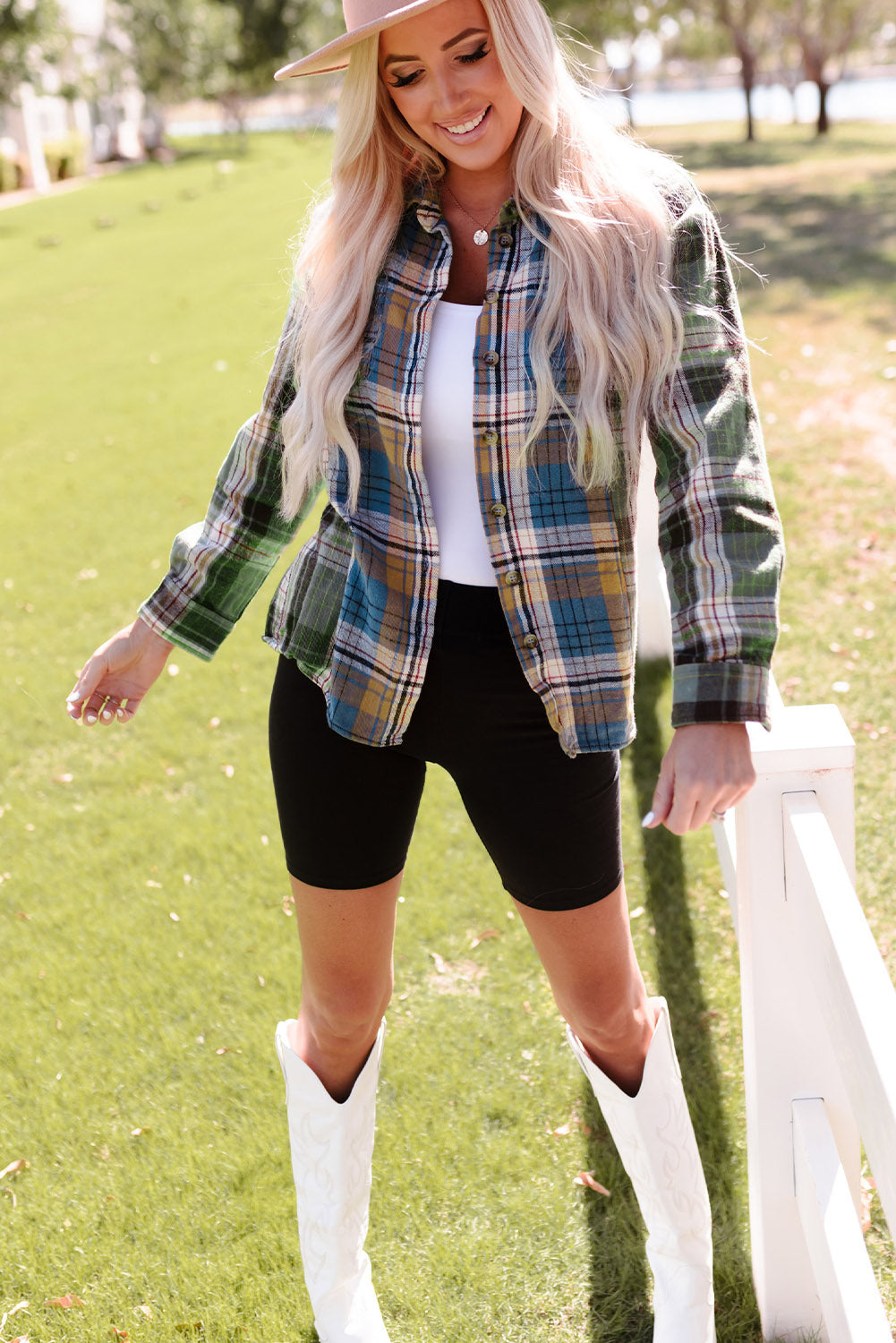 Green Chest Pockets Button Up Plaid Shacket
