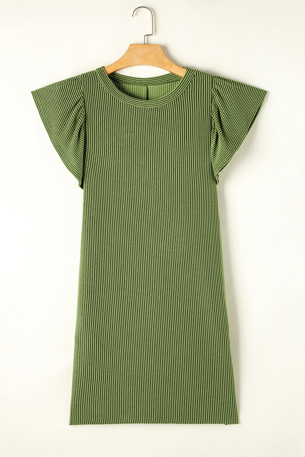 Travnato zelena rebrasta haljina s lepršavim rukavima