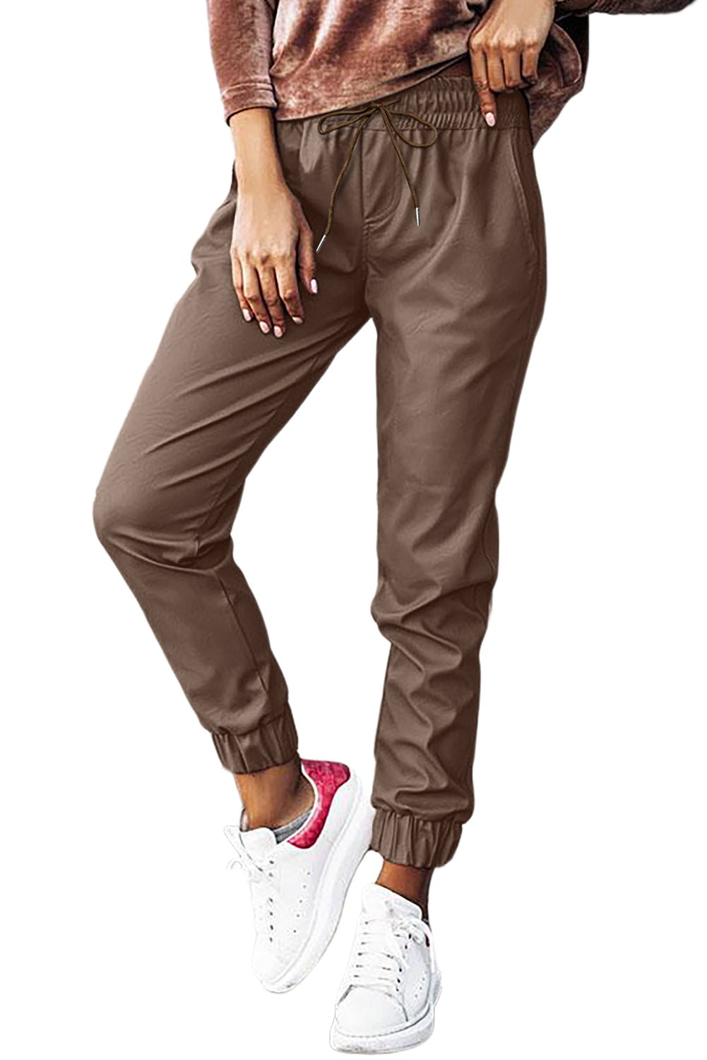 Rjave usnjene jogger hlače z zavezovanjem