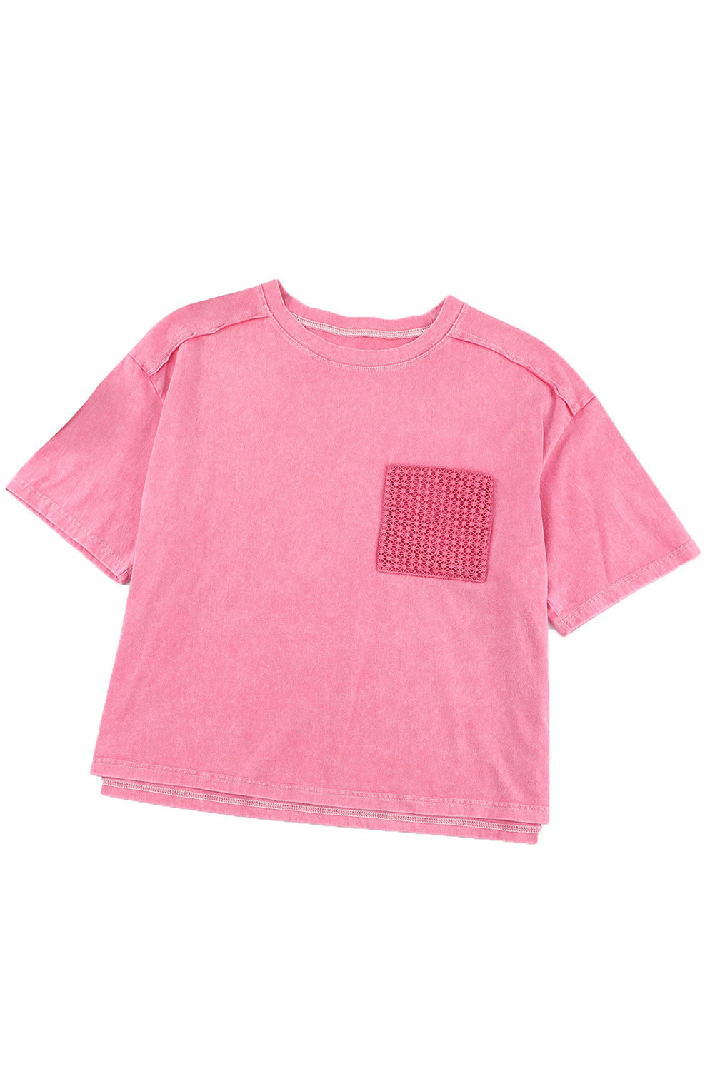 T-shirt rose à poche plaquée et dentelle délavée à l'acide