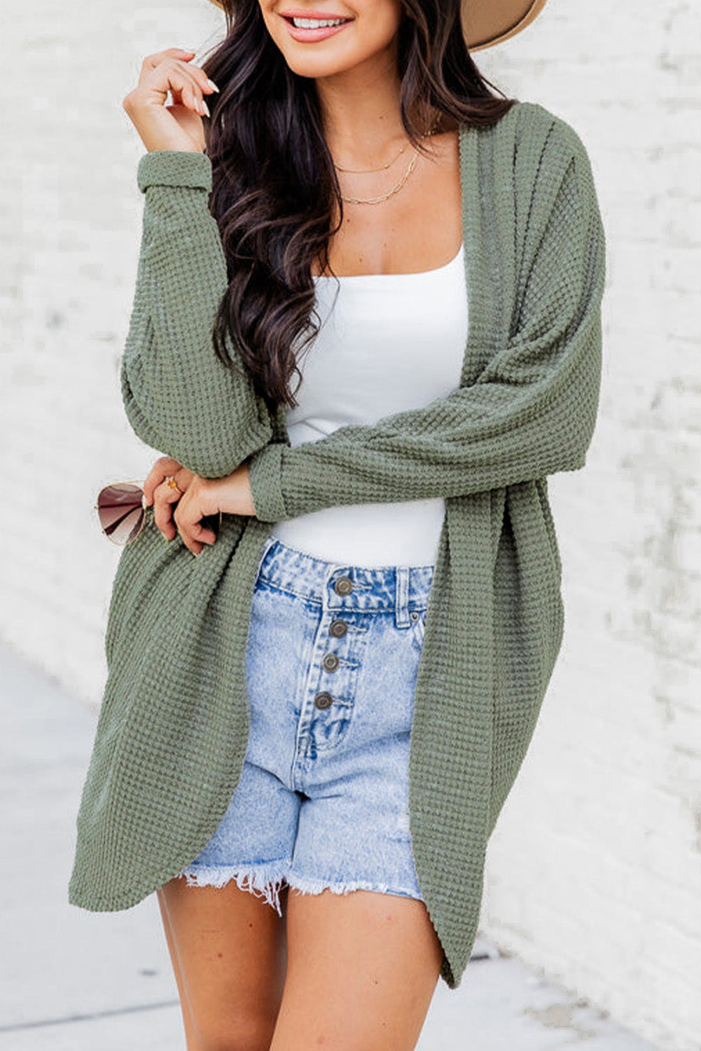 Cardigan aperto sul davanti in maglia waffle verde alloro