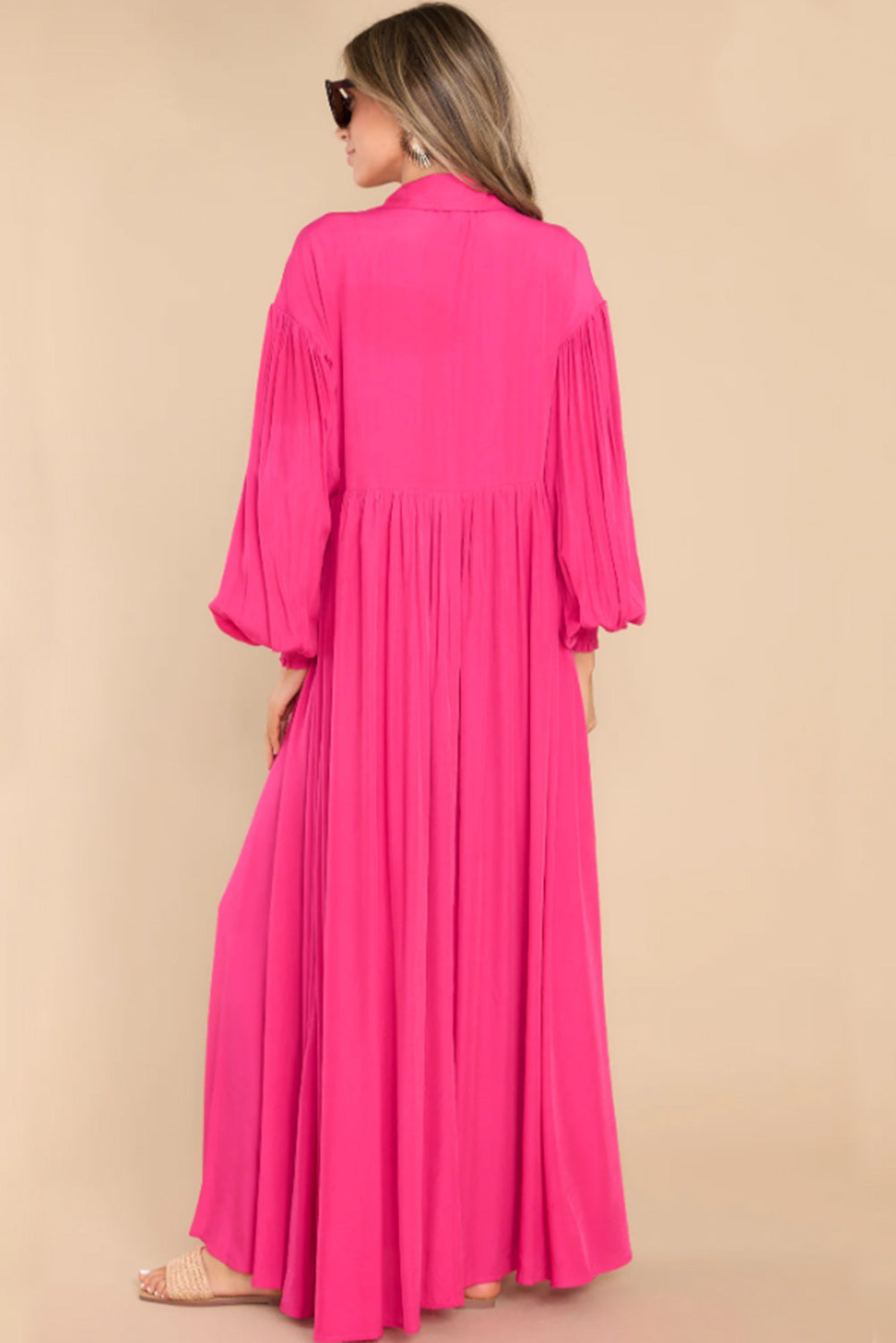 Robe longue chemise à manches bulles rose