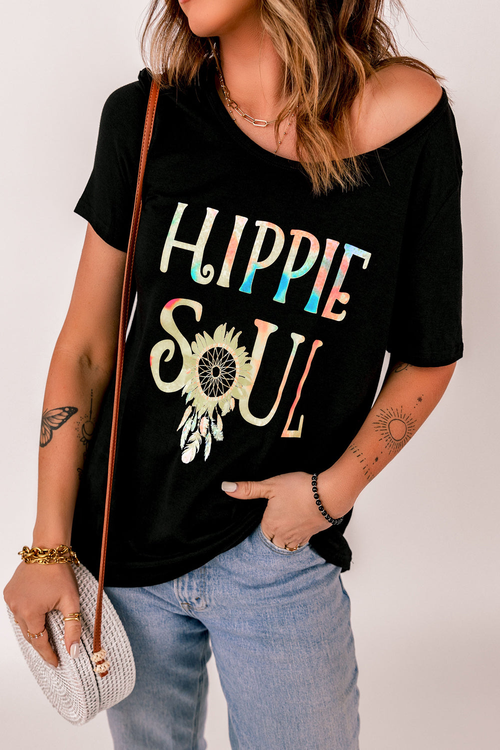 Ombre Tie-dye majica kratkih rukava HIPPIE SOUL s printom suncokretovog perja