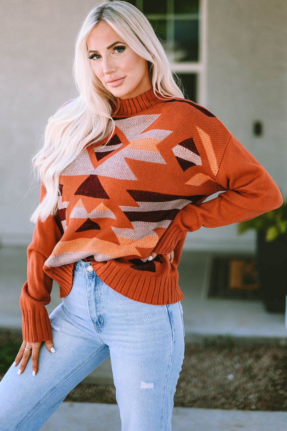 Brown Aztec Knitted High Neck Drop Shoulder Sweater