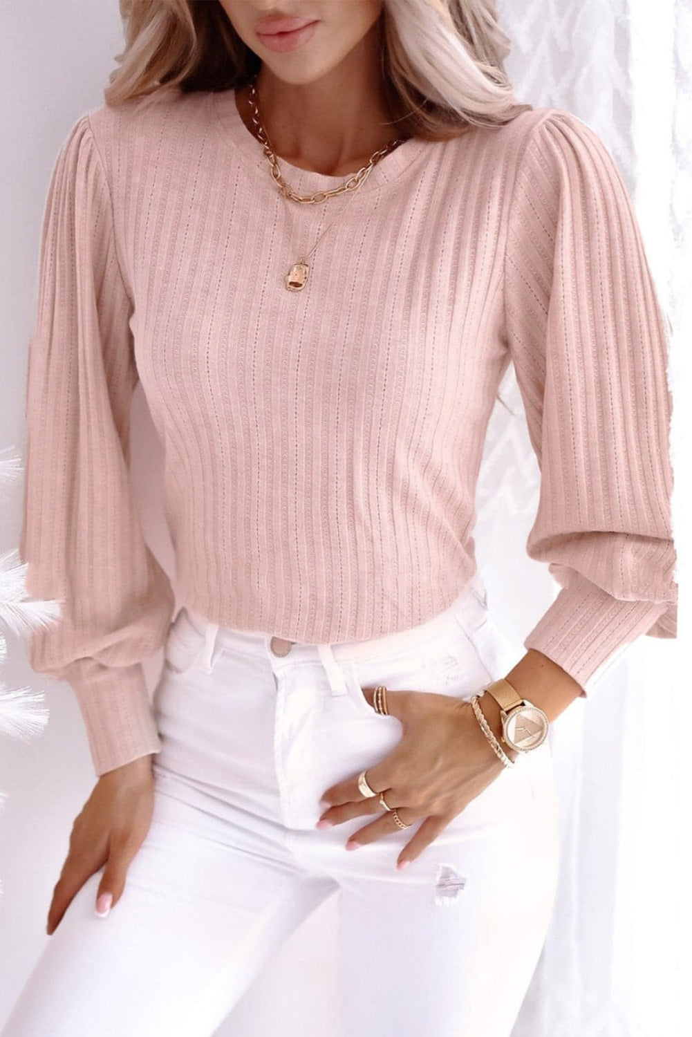 Pletena majica s rukavima s ružičastim prugama