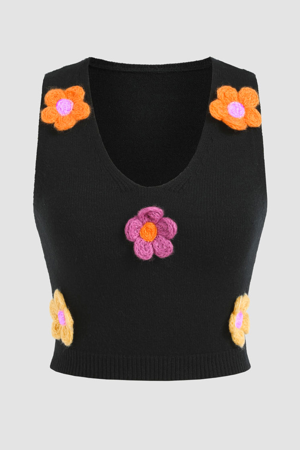 Gilet maglione corto con decorazioni floreali 3D nere