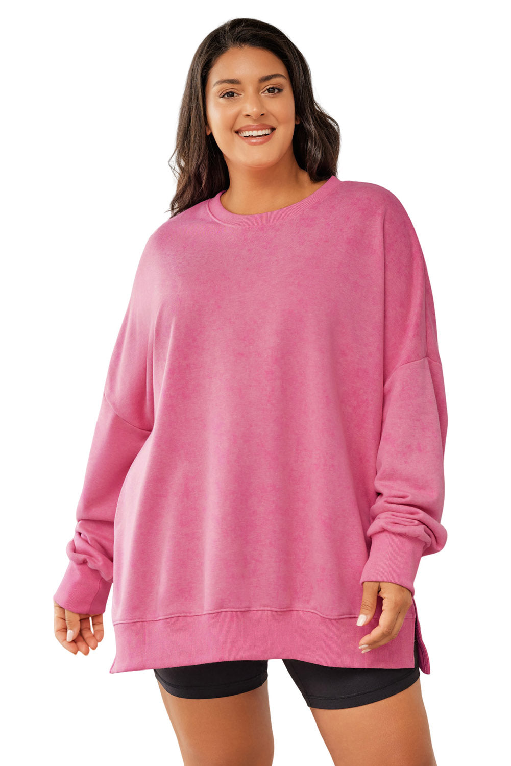 Pink Drop Shoulder Ribbed Trim Plus Size Sweatshirt