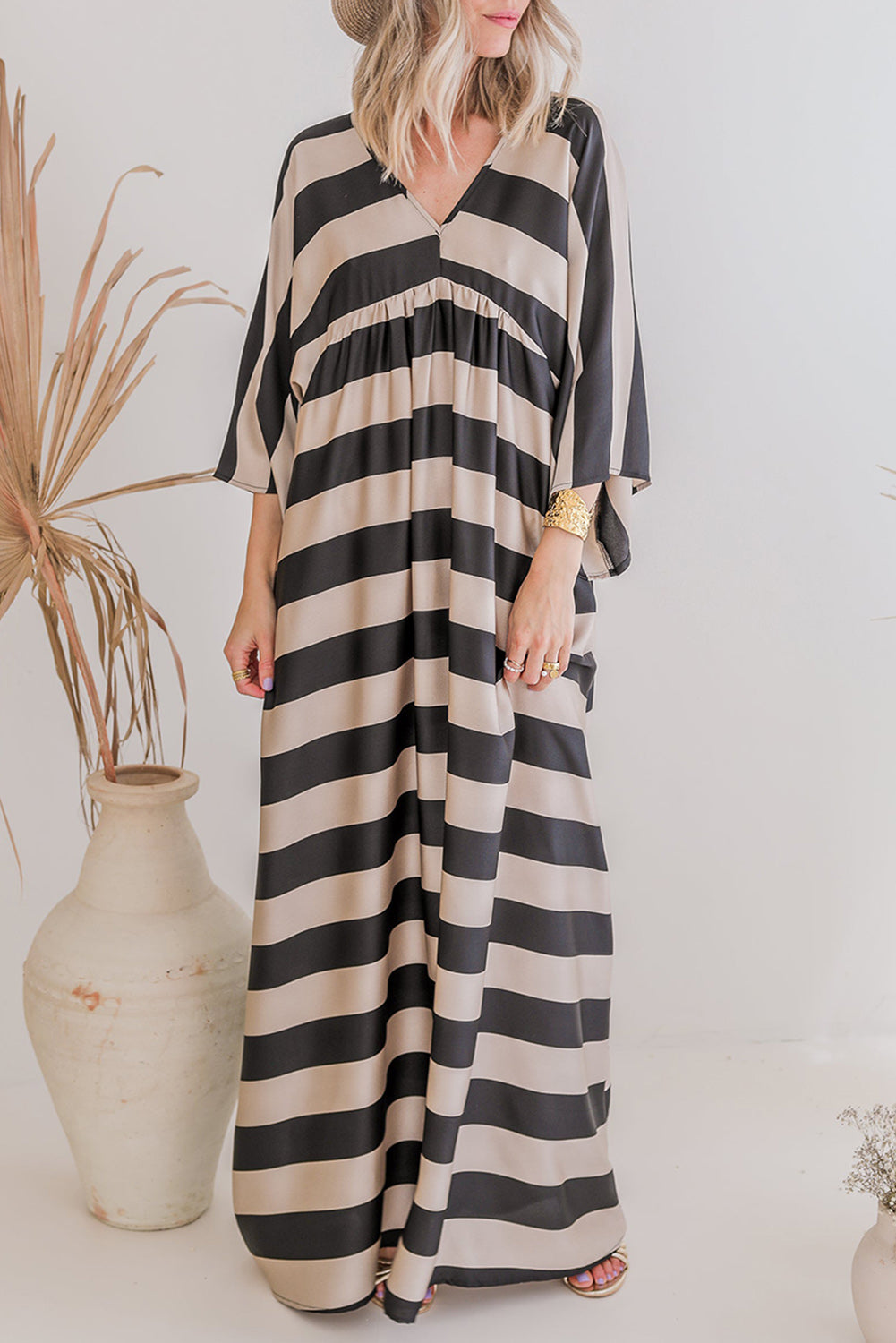 Black V Neck Kimono Sleeve Striped Maxi Dress