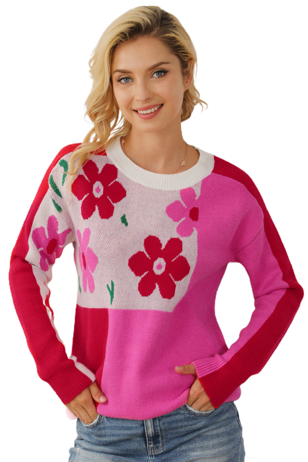 Ružičasto crveni cvjetni pulover s mješovitim bojama