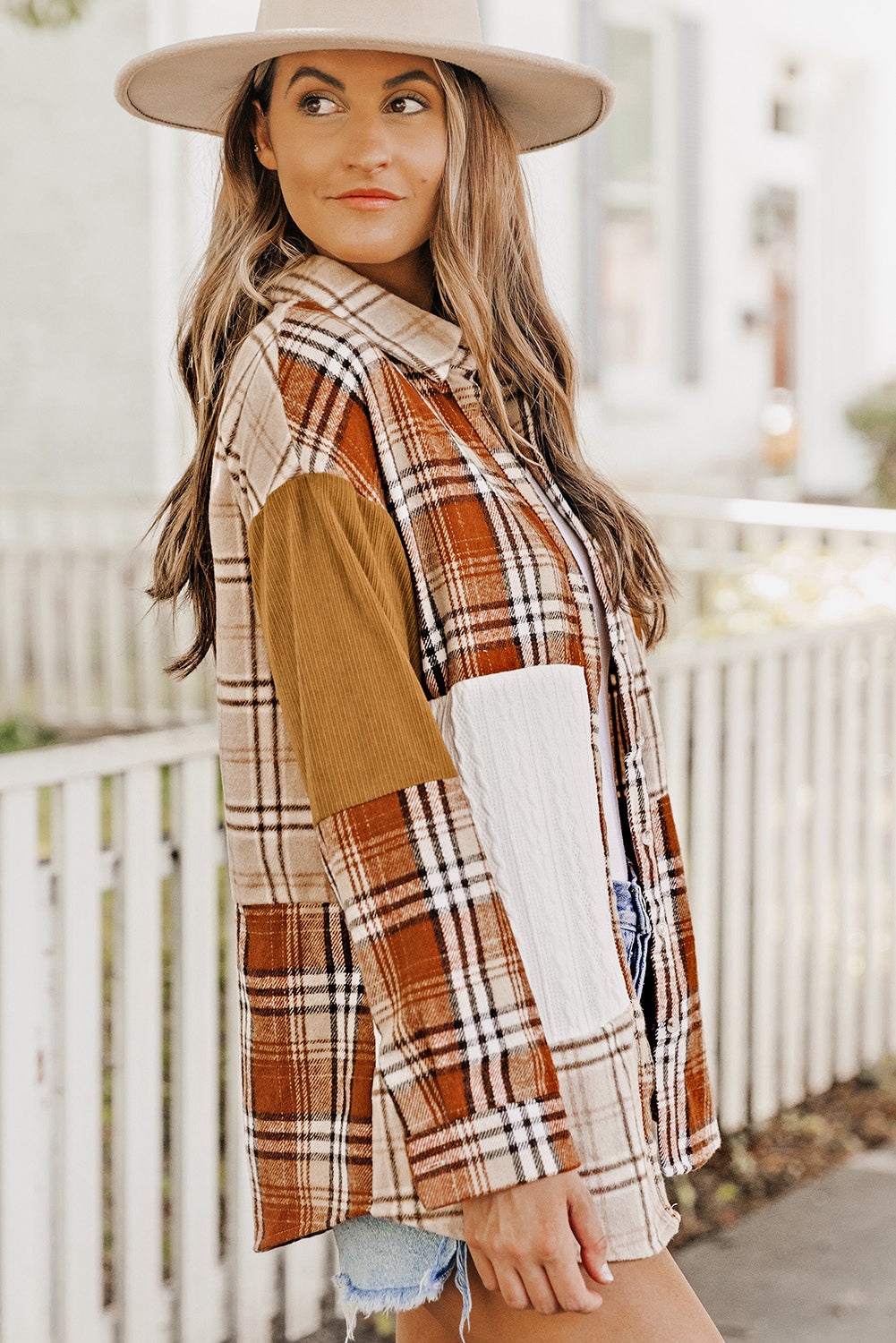 Khaki Plaid Color Block Patchwork Shirt Jacket with Pocket