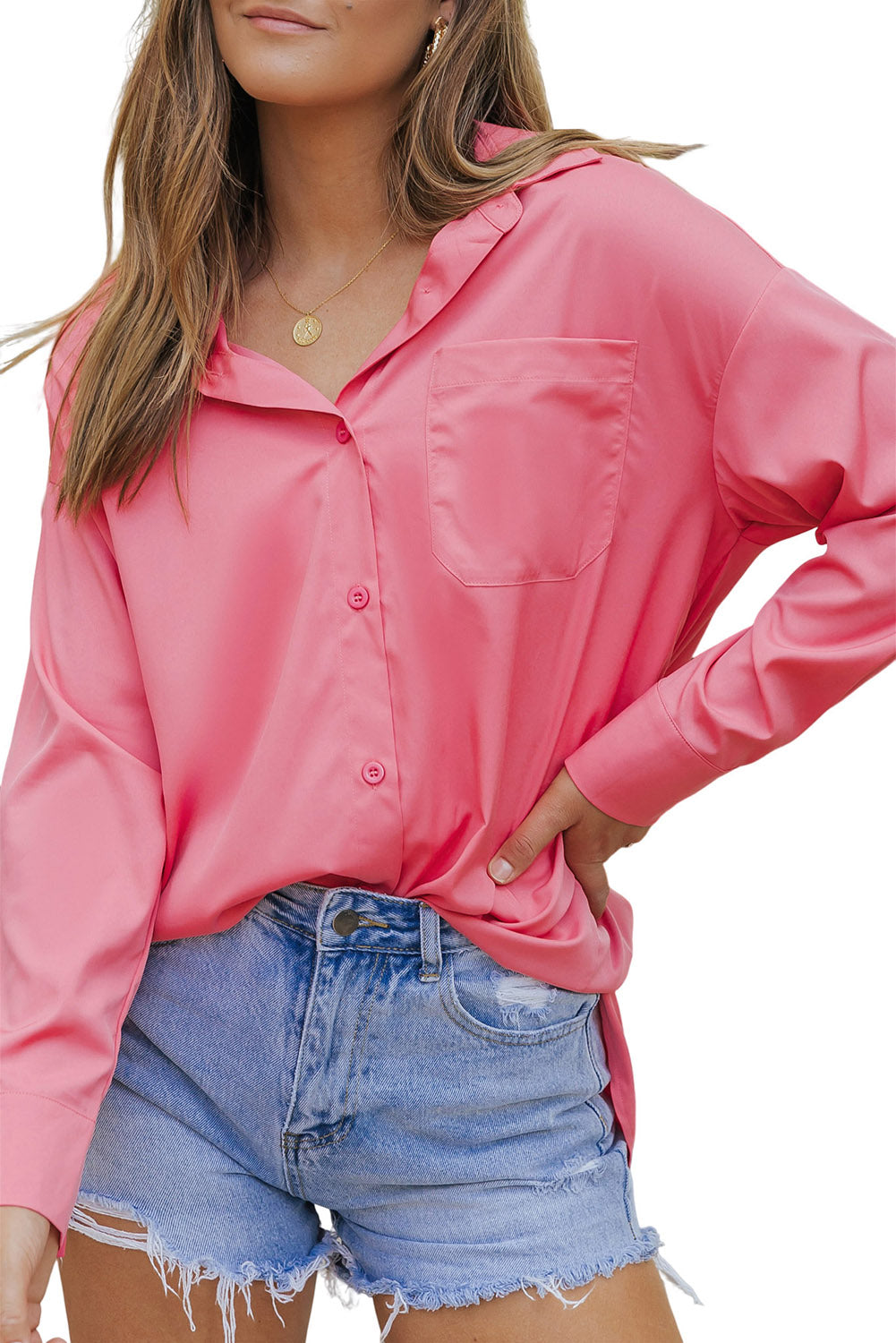 Rosa einfarbiges, langärmliges, übergroßes Tunika-Shirt