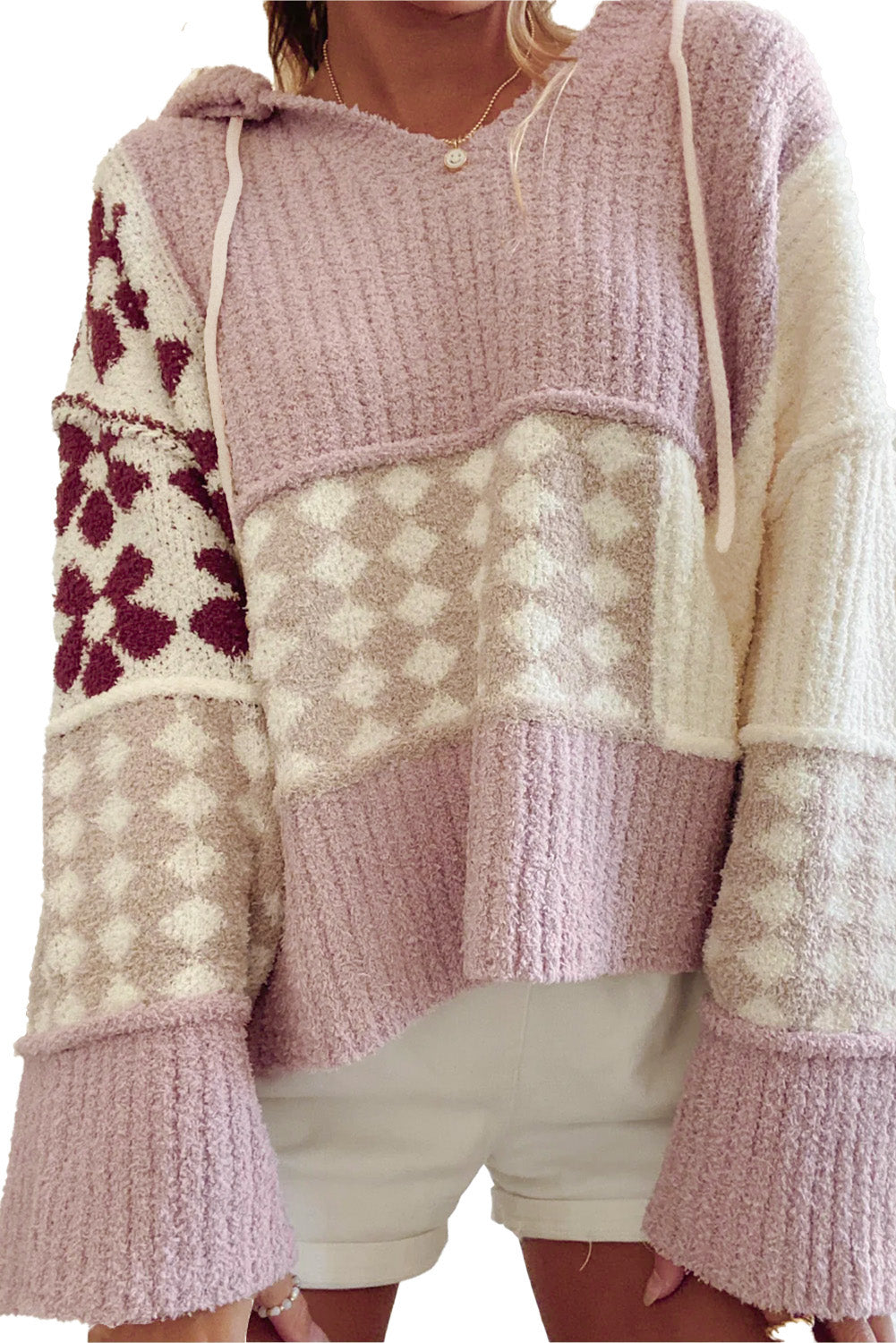 Večbarvni pulover s kapuco s širokimi rokavi in ​​barvnimi bloki s cvetličnim karo vzorcem