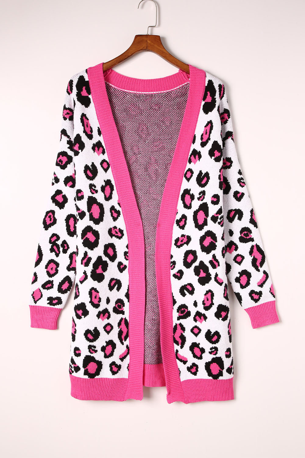 Cardigan lungo frontale aperto lavorato a maglia con bordi a coste leopardati rosa