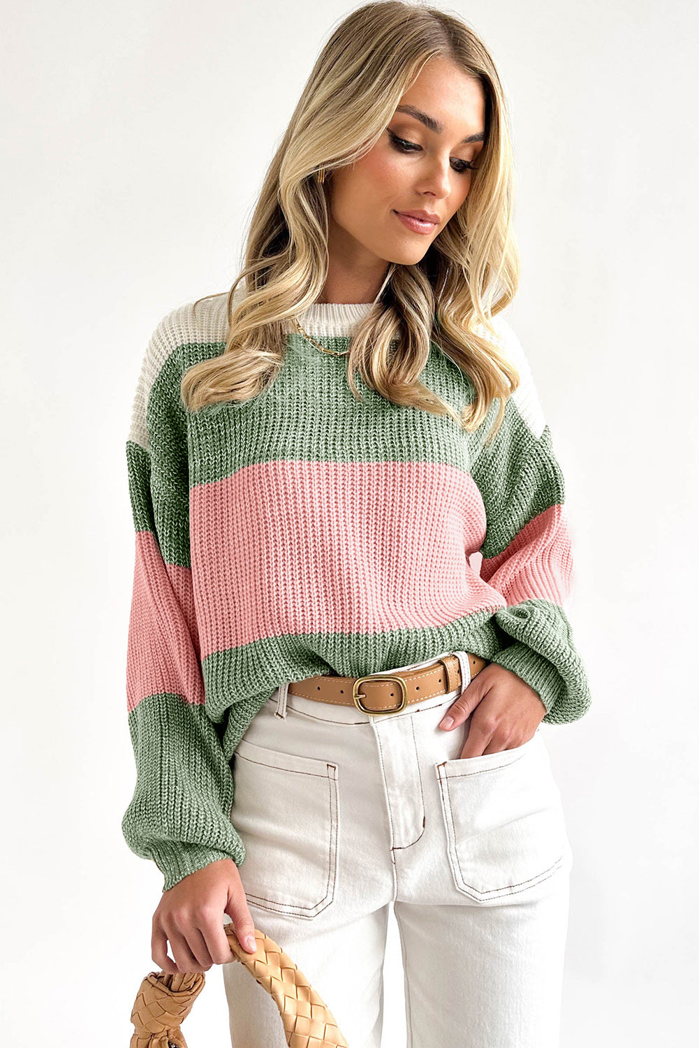 Grüner Colorblock-Pullover mit überschnittener Schulter, lockerer Pullover