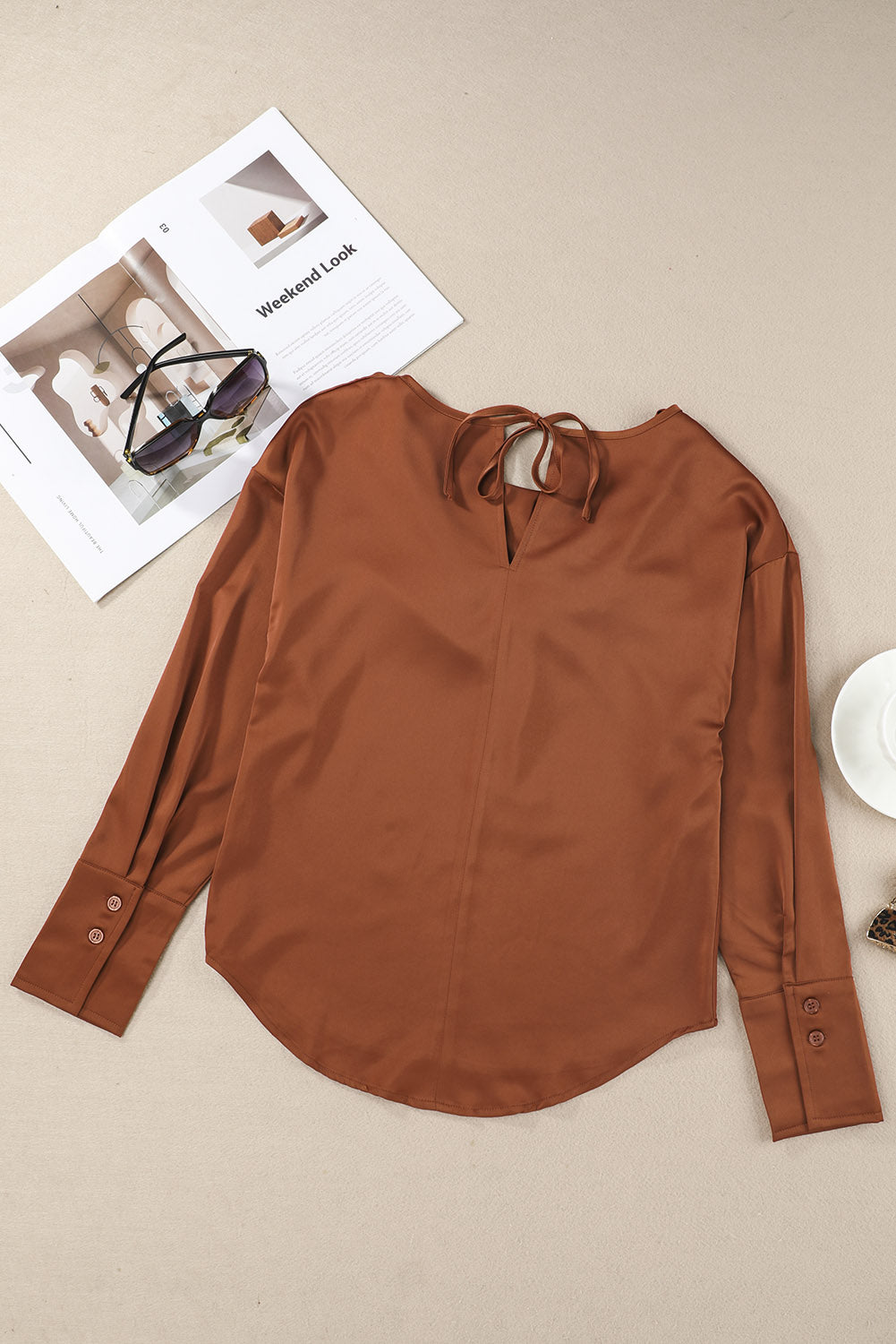 Brown Cowl Neck Long Sleeve Elegant Blouse