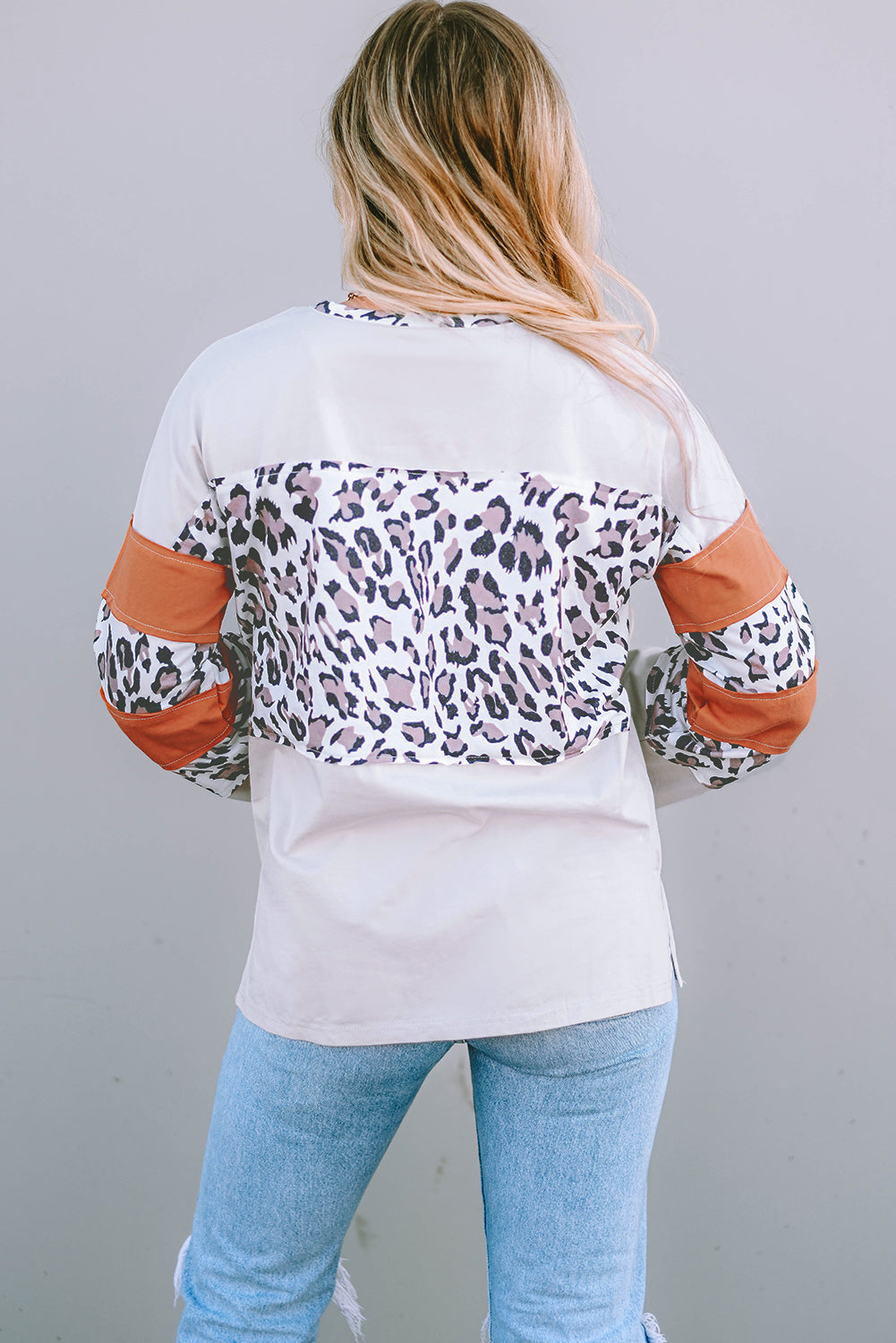 Kaki leopard patchwork majica zvonastih rukava labava s podijeljenim rukavima