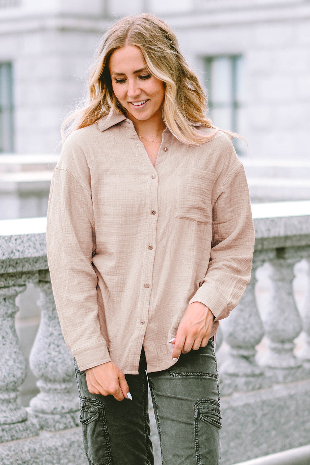 Khaki Crinkled Turn-down Collar Buttoned Shirt with Pocket