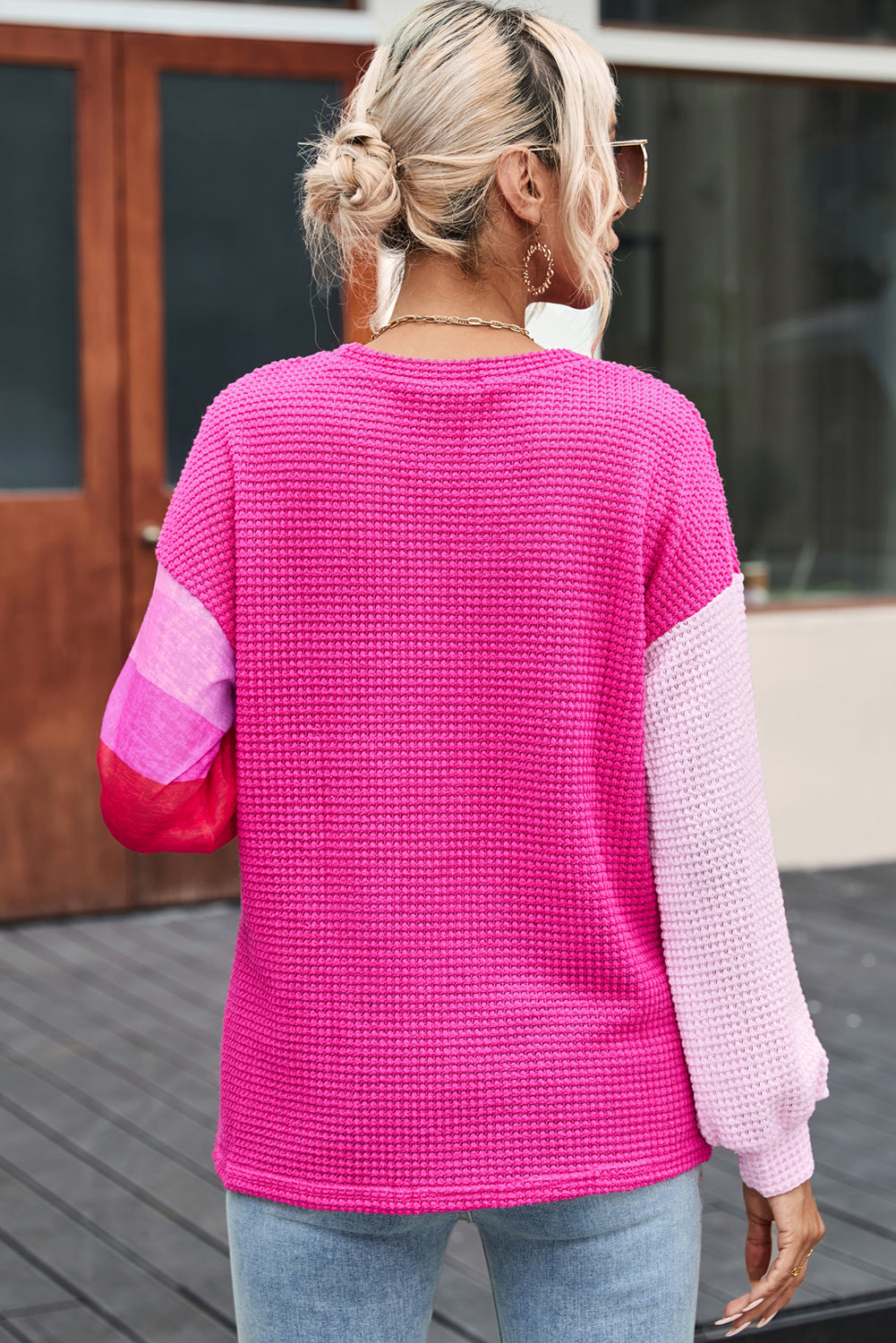 Rose Waffle Knit Color Block Patchwork Drop Shoulder Top